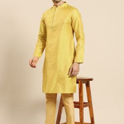 Amodh by Kisah Men Mustard Yellow Ethnic Motifs Embroidered Kurta with Trousers-image-59