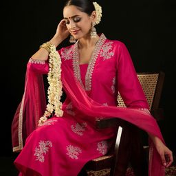 Indo Era V Neck Ethnic Motifs Embroidered Sequinned Kurta with Trouser & Dupatta-56