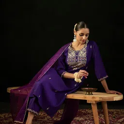 Indo Era Round Neck Ethnic Motifs Embroidered Sequinned Kurta with Trouser & Dupatta-picture-10