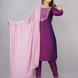ANJAYA Floral Embroidered Regular Round Neck Mirror Work Kurta With Trousers & Dupatta-13