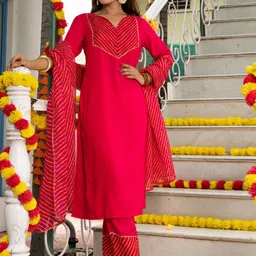 Indi INSIDE Leheriya Yoke Design Regular Gotta Patti Kurta With Trousers & Dupatta-17
