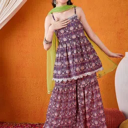 Cherry & Jerry Girls Ethnic Motifs Printed Empire Gotta Patti Kurta with Sharara & With Dupatta-picture-28