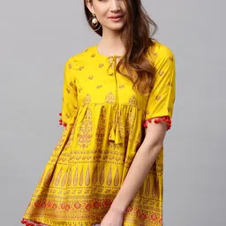 Gerua By Libas Mustard YellowRed Empire A-Line Pure Cotton Kurti-image-23