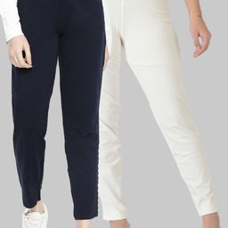 Dollar Missy Women Pack of 2 Navy Blue Relaxed Wrinkle Free Cotton Trousers-picture-38