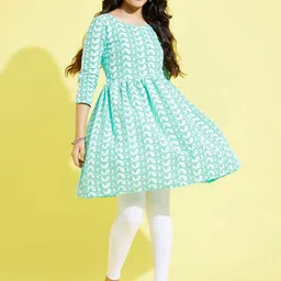 VASTRAMAY Girls Blue Ethnic Motifs Embroidered Empire Pure Cotton Kurta-picture-55