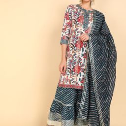 AHIKA Women White & Blue Floral Printed Pure Cotton Kurta with Sharara & With Dupatta-image-82