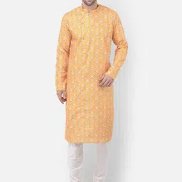 TABARD Men Yellow & White Paisley Printed Pure Cotton Kurta With Churidar-picture-28