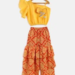 Lil Tomatoes Girls Mustard & Red Printed Regular Pure Silk Top with Palazzos-image-57