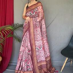 Mitera Kalamkari Cotton Blend Zari Saree With Tassel-image-29