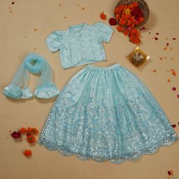 SAKA DESIGNS Girls Embellished Mirror Work Net Ready to Wear Lehenga & Blouse With Dupatta-16