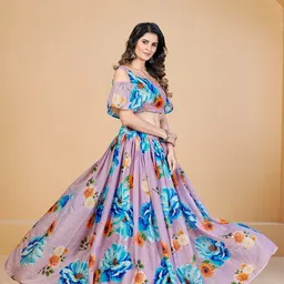 SHOPGARB Lavender & Blue Printed Semi-Stitched Lehenga & Unstitched Blouse With Dupatta-image-56