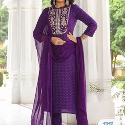 KALINI Floral Embroidered Mandarin Collar Regular Mirror Work Kurta & Trousers & Dupatta-image-42