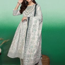 Sangria White & Green Floral Printed A-Line Kurta With Trouser & Dupatta-image-78