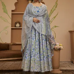 Divena Floral Block Prnted Gotta Patti Anarkali Pure Cotton Kurta with Trousers & Dupatta-picture-43