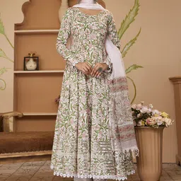 Divena Block Printed Gotta Patti Lace Anarkali Pure Cotton Kurta with Trousers & Dupatta-16