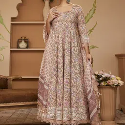 Divena Floral Block Printed Gotta Patti Anarkali Pure Cotton Kurta with Trousers & Dupatta-6