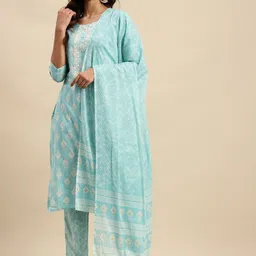 Sangria Blue & White Ethnic Motifs Printed Thread Work Cotton Kurta With Trouser & Dupatta-15