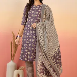 Sangria Women Floral Printed Regular Pure Cotton Kurta with Trousers & With Dupatta-1