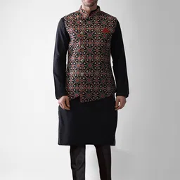 KISAH Men Mandarin Collar Straight Kurta & Trousers with Nehru Jacket Set-picture-35