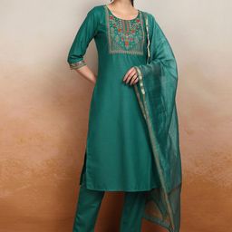 Vishudh Green Floral Yoke Design Thread Work Straight Kurta With Trousers & Dupatta-39