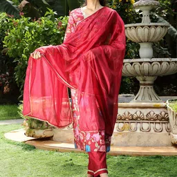QISSA V Neck Floral Printed Regular Pure Cotton A-Line Kurta Set-3