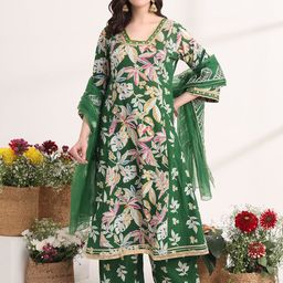 Yufta Floral Printed Pure Cotton A-Line Kurta with Trousers & Dupatta-image-25