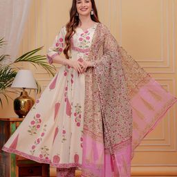 Mizaz Floral Printed Pure Cotton Anarkali Kurta with Trousers & Dupatta-31