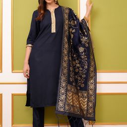 Vishudh Navy Blue & Gold Toned Round Neck Regular Kurta with Trousers & With Dupatta-picture-57