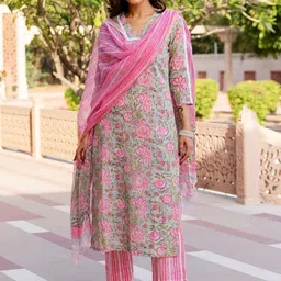 Royal Export Floral Printed Lace Straight Kurta With Trouser & Dupatta-16