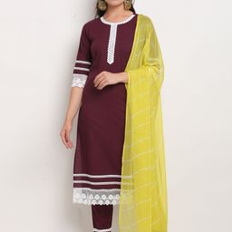 Rajnandini Women Burgundy Embroidered Regular Pure Cotton Kurta with Trousers & With Dupatta-image-94