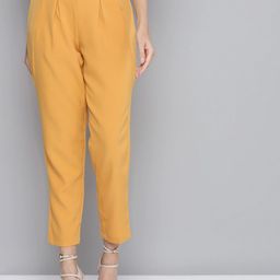 SASSAFRAS Women Mustard Yellow Tapered Fit Solid Pleated Trousers with Belt-image-7