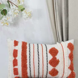 BLANC9 White & Red Tribal Vibes Embroidered Rectangle Cotton Cushion Cover-18
