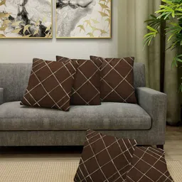 FABINALIV Brown & Gold-Toned 5 Pieces Geometric Square Cushion Covers-13