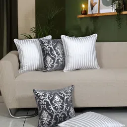 Ode & Cleo Off White & Silver-Toned 5-Pieces Pure Cotton Square Cushion Covers-7