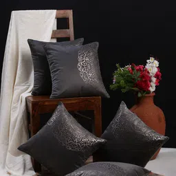 HOSTA HOMES Grey & Gold-Toned Set of 5 Ethnic Motifs Velvet Square Cushion Covers-image-79