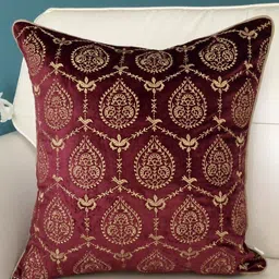 TARA- Sparkling Homes Maroon & Beige Ethnic Motifs Velvet Square Cushion Cover-picture-10
