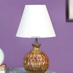 BTR CRAFTS White & Brown Textured Frustum Shaped Wooden Table Lamp with Adjustable Cord-8