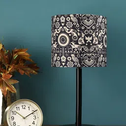 BTR CRAFTS Black & Beige Printed Cylindrical Shaped Metal Table Lamp with Adjustable Cord-34