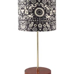 BTR CRAFTS Beige & Black Printed Cylindrical Shaped Metal Table Lamp with Adjustable Cord-47