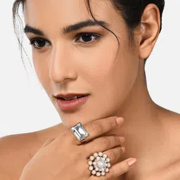 AMI Set Of 2 Gold-Plated White Stone-Studded Pearl Beaded Adjustable Finger Rings-31