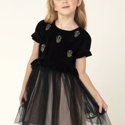 Cherry Crumble Girls Black & Beige Embellished Velvet Finish Sustainable Fit & Flare Dress-image-100