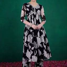 Sangria Black Embroidered Zari Sequinned With Digital Printed Alia Cut Kurta With Palazzos-image-29