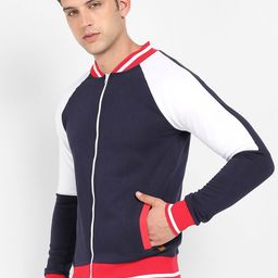 Campus Sutra Navy Blue & Black Colourblocked Windcheater Mock Collar Cotton Bomber Jacket-image-21