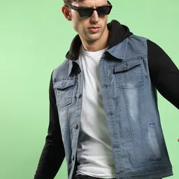 Campus Sutra Windcheater Light-Wash Hooded Cotton Denim Jacket-image-90