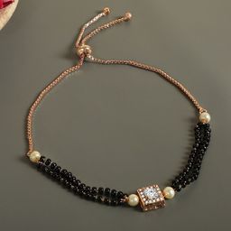 ZINU Rose Gold-Plated Black Beaded White CZ-Studded Mangalsutra Bracelet-4