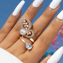 Jewels Galaxy Gold-Plated Stone-Studded & Pearl Beaded Half Butterfly Cocktail Finger Ring-65