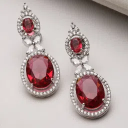 ZENEME Rhodium-Plated American Diamond Studded Oval Shaped Drop Earrings-43