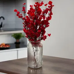 BS AMOR Red & Transparent Textured Glass Vase With Artificial Flower Bunch-37