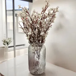 BS AMOR Transparent & White Textured Glass Vase With Artificial Flower Bunch-55