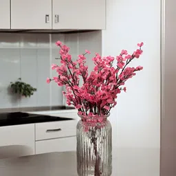 BS AMOR Transparent & Pink Textured Glass Vase With Artificial Flower Bunch-30